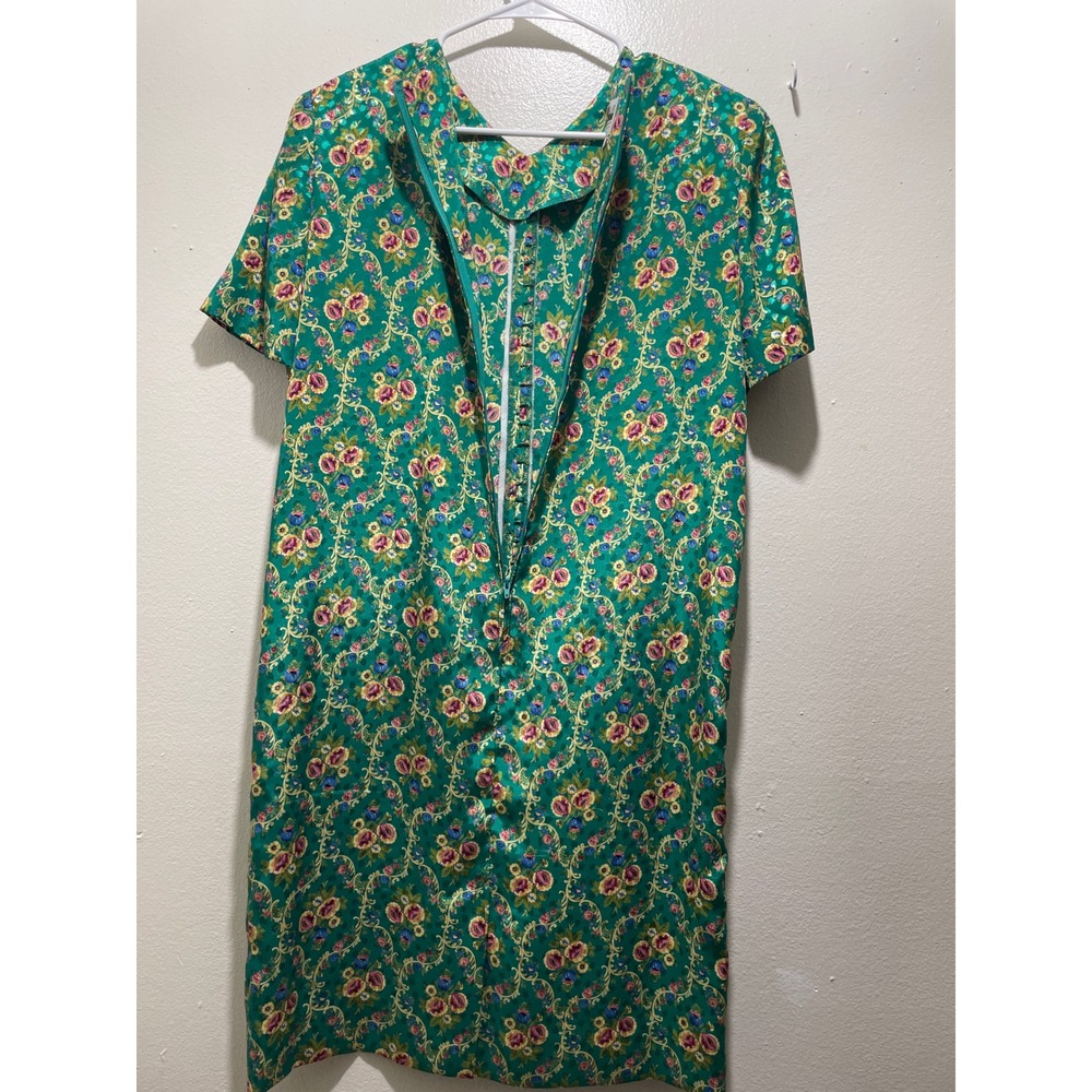 Vintage Leslie Fay Petites Green Floral Mini Dress size 10p Damask Boho 90s - Picture 7 of 11